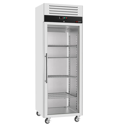GGM Gastro Commercial Upright Freezer Stainless steel ECO - GN 2/1 - 700L - with 1 glass door & Support grids & stainless steel rails - On castors