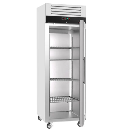 GGM Gastro Commercial Upright Freezer Stainless steel ECO - GN 2/1 - 700L - with 1 glass door & Support grids & stainless steel rails - On castors