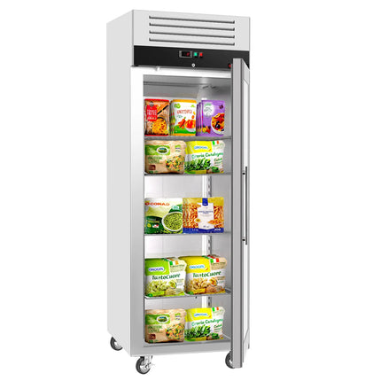 GGM Gastro Commercial Upright Freezer Stainless steel ECO - GN 2/1 - 700L - with 1 glass door & Support grids & stainless steel rails - On castors
