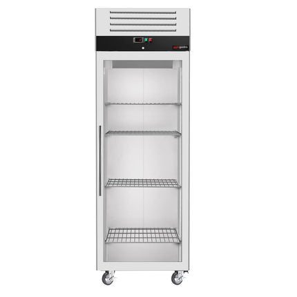 GGM Gastro Commercial Upright Freezer Stainless steel ECO - GN 2/1 - 700L - with 1 glass door & Support grids & stainless steel rails - On castors