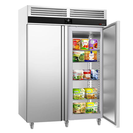 GGM Gastro Commercial Upright Freezer Stainless steel PREMIUM - GN 2/1 - 1400L - with 2 doors - On castors - For UK