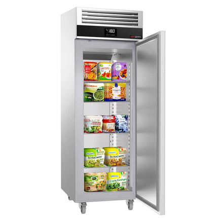 GGM Gastro Commercial Upright Freezer Stainless steel PREMIUM - GN 2/1 - 700L - with 1 glass door - On castors - For UK