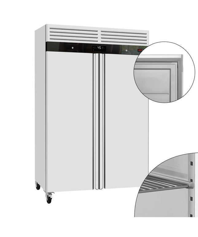 GGM Gastro Commercial Upright Fridge ECO - 1200L - with 2 doors & Support grids & stainless steel rails - On castors