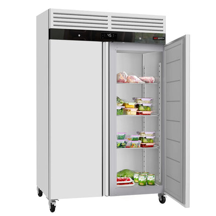GGM Gastro Commercial Upright Fridge ECO - 1200L - with 2 doors & Support grids & stainless steel rails - On castors