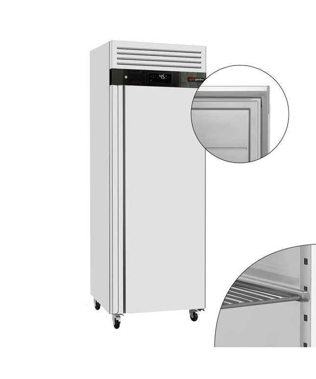 GGM Gastro Commercial Upright Fridge ECO - GN 2/1 - 700L - with 1 door & Rails & support grids - On castors