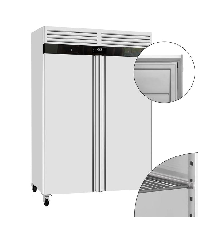 GGM Gastro Commercial Upright Fridge Stainless steel ECO - GN 2/1 - 1400L - with 2 doors & Rails & support grids - On castors - Plastic inner door lining