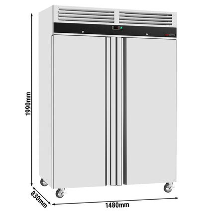 GGM Gastro Commercial Upright Fridge Stainless steel ECO - GN 2/1 - 1400L - with 2 doors & Rails & support grids - On castors
