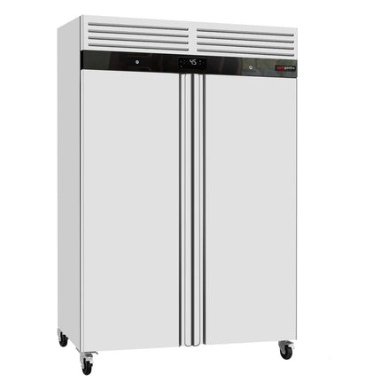 GGM Gastro Commercial Upright Fridge Stainless steel ECO - GN 2/1 - 1400L - with 2 doors & Rails & support grids - On castors - Plastic inner door lining