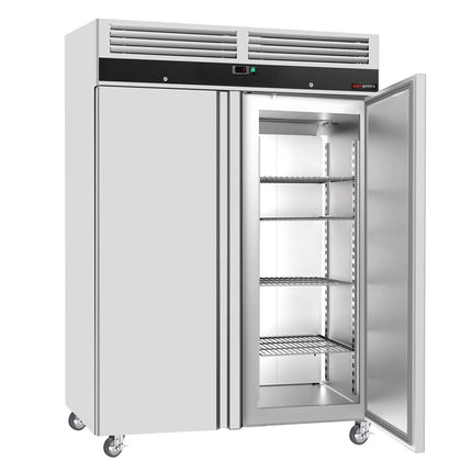 GGM Gastro Commercial Upright Fridge Stainless steel ECO - GN 2/1 - 1400L - with 2 doors & Rails & support grids - On castors