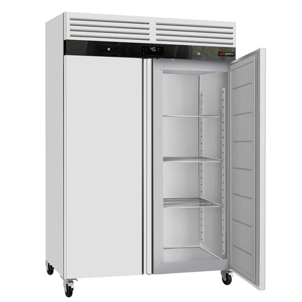 GGM Gastro Commercial Upright Fridge Stainless steel ECO - GN 2/1 - 1400L - with 2 doors & Rails & support grids - On castors - Plastic inner door lining