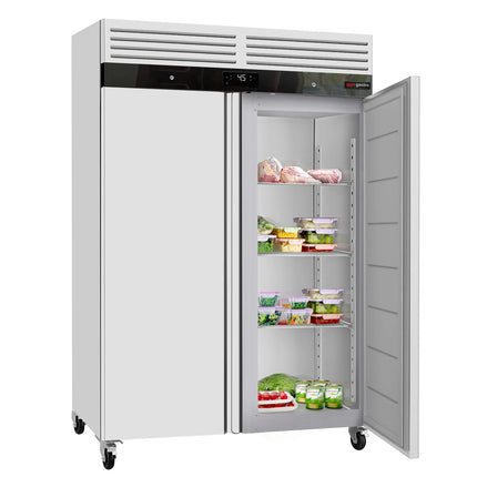 GGM Gastro Commercial Upright Fridge Stainless steel ECO - GN 2/1 - 1400L - with 2 doors & Rails & support grids - On castors - Plastic inner door lining