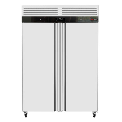 GGM Gastro Commercial Upright Fridge Stainless steel ECO - GN 2/1 - 1400L - with 2 doors & Rails & support grids - On castors - Plastic inner door lining