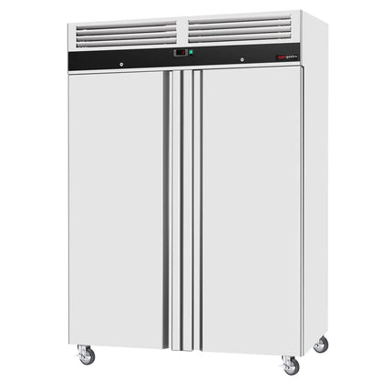 GGM Gastro Commercial Upright Fridge Stainless steel ECO - GN 2/1 - 1400L - with 2 doors & Rails & support grids - On castors
