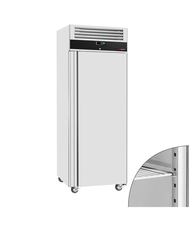 GGM Gastro Commercial Upright Fridge Stainless steel ECO - GN 2/1 - 440L - with 1 door & Rails & support grids - On castors
