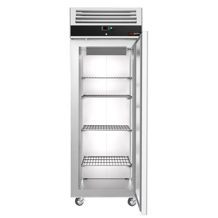 GGM Gastro Commercial Upright Fridge Stainless steel ECO - GN 2/1 - 440L - with 1 door & Rails & support grids - On castors - For UK