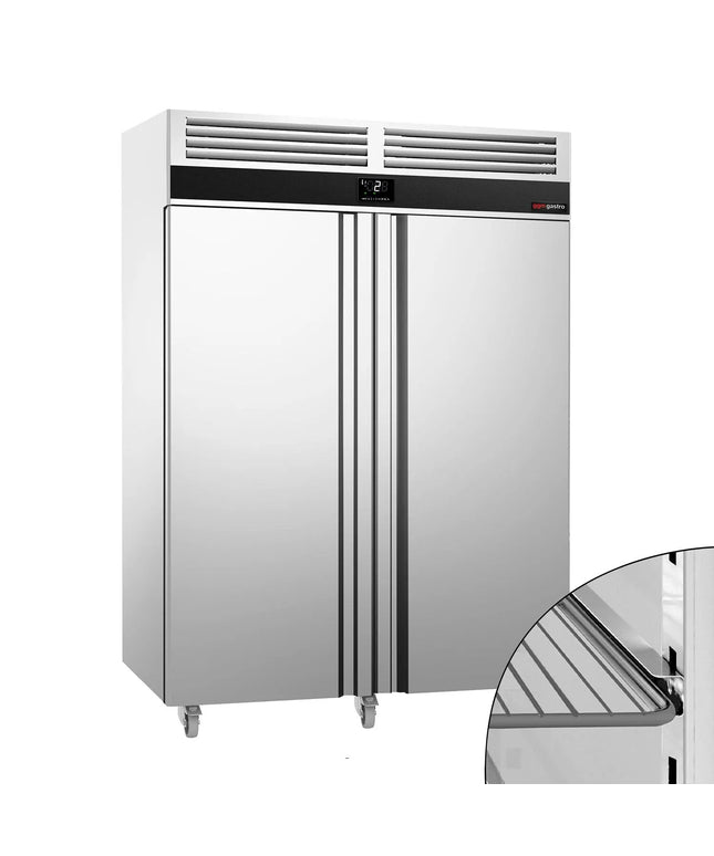 GGM Gastro Commercial Upright Fridge Stainless steel PREMIUM - GN 2/1 - 1400L - with 2 doors - On castors - For UK