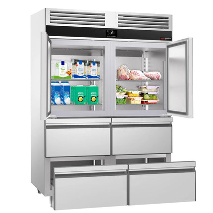 GGM Gastro Commercial Upright Fridge Stainless steel PREMIUM - GN 2/1 - 1400L - with 2 half doors & 4 drawers