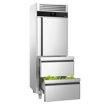 GGM Gastro Commercial Upright Fridge Stainless steel PREMIUM - GN 2/1 - 700L - with 1 door & 2 drawers