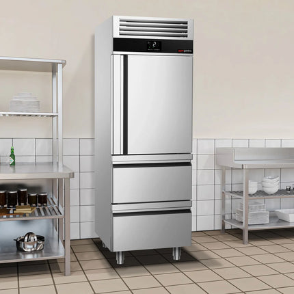 GGM Gastro Commercial Upright Fridge Stainless steel PREMIUM - GN 2/1 - 700L - with 1 door & 2 drawers