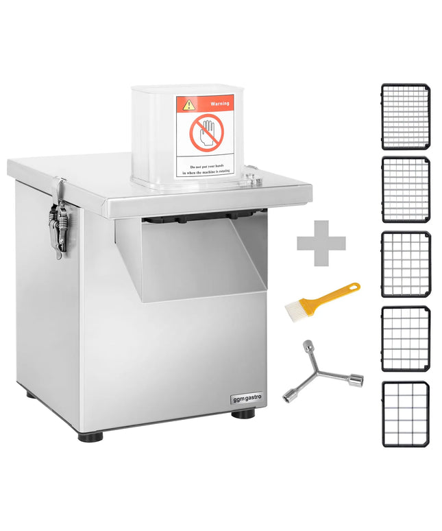 GGM Gastro Commercial Veg Prep Machine - 200W - Disc Thickness: 4mm - incl. 1 Cutting/Grating Disc & Cutter Bowl Attachment - 5 Dicing Grids