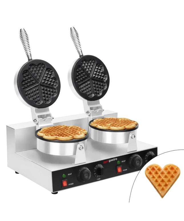 GGM Gastro Commercial Waffle Maker - Double - Manual - 2.6kW - Shape: Hearts - Ø 180mm - plates with Teflon coating