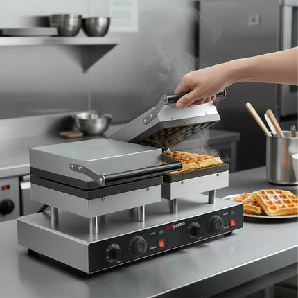 GGM Gastro Commercial Waffle Maker - Double - Manual - 4kW - Shape: Brussels (2 waffles) - for 2 pieces - plates with Teflon coating