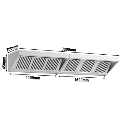 GGM Gastro Commercial Wall-Mounted Extraction Canopy - 3000mm - with Baffle Filters & LED Lighting