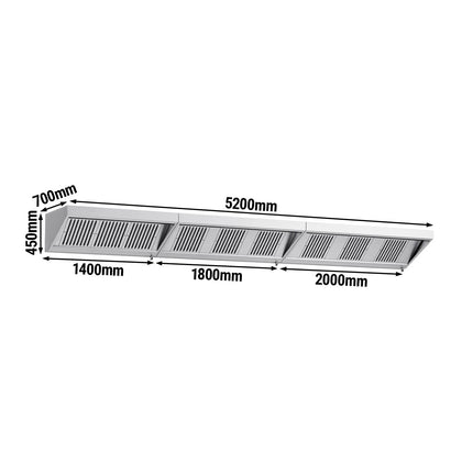 GGM Gastro Commercial Wall-Mounted Extraction Canopy - 5200mm - with Grease Filters & LED Lighting