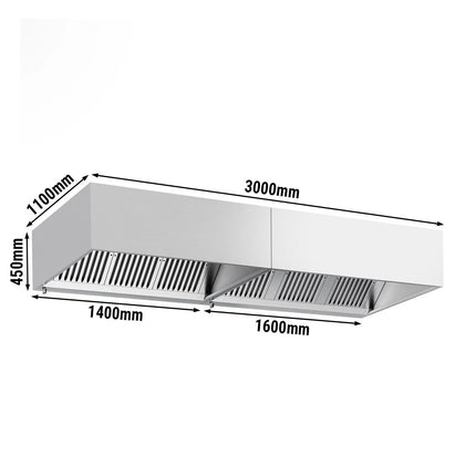 GGM Gastro Commercial Wall-Mounted Extractor Hood - 3000mm - with Baffle Filters & Lighting