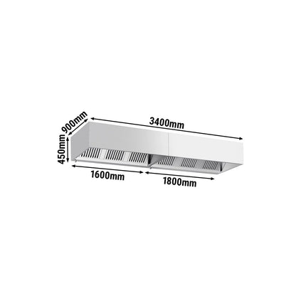 GGM Gastro Commercial Wall-Mounted Extractor Hood – 3400mm – with Baffle Filters & Lighting