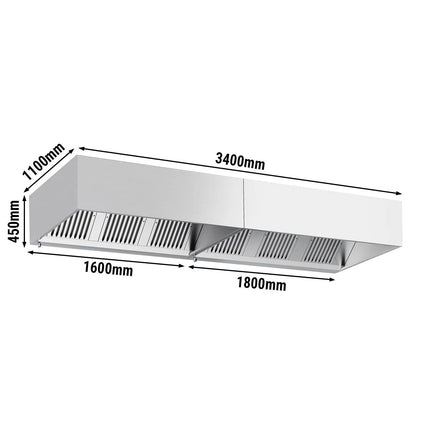 GGM Gastro Commercial Wall-Mounted Extractor Hood – 3400mm – with Baffle Filters & Lighting
