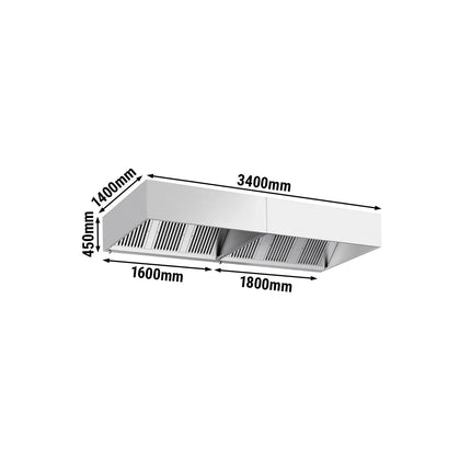 GGM Gastro Commercial Wall-Mounted Extractor Hood – 3400mm – with Baffle Filters & Lighting