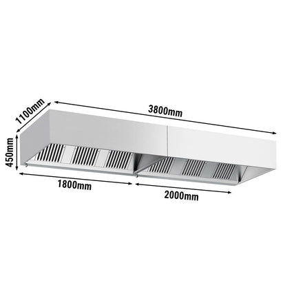 GGM Gastro Commercial Wall-Mounted Extractor Hood - 3800mm - with Baffle Filters & Lighting