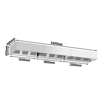 GGM Gastro Commercial Wall-Mounted Extractor Hood - 5400mm - with Baffle Filters & Lighting