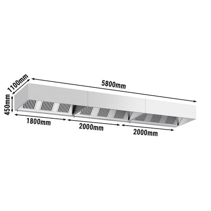 GGM Gastro Commercial Wall-Mounted Extractor Hood - 5800mm - with Baffle Filters & Lighting