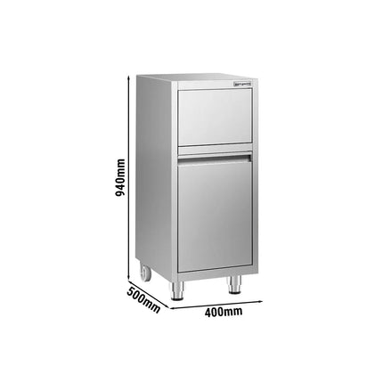 GGM Gastro Commercial Waste bin - Push-top bin - 940(H)x400(W)x500(D)mm - with rear wheels - soft-close & without upstand - Stainless steel
