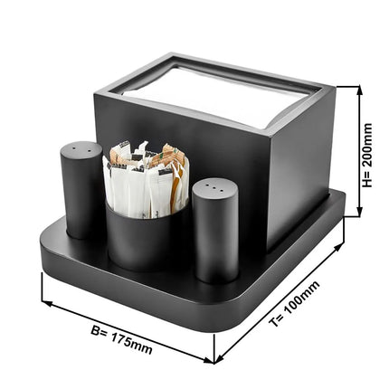 GGM Gastro Complete Cruet Set - 4-piece - Stainless steel stand - Stainless steel - with napkin dispenser - napkins, salt & pepper, toothpicks - Height: 200mm - Black