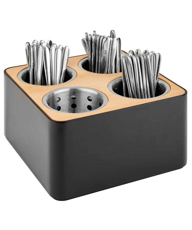 GGM Gastro Condiment & Cutlery Holder - 270x270mm - Height: 150mm - Stainless steel; Wood; SAN - incl. 4 stainless steel holders - Black
