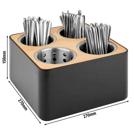 GGM Gastro Condiment & Cutlery Holder - 270x270mm - Height: 150mm - Stainless steel; Wood; SAN - incl. 4 stainless steel holders - Black