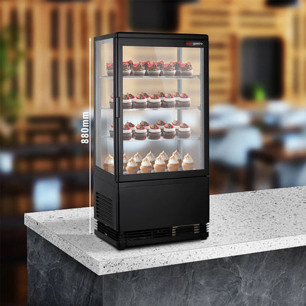 GGM Gastro Countertop 4-Sided Glass Display Fridge - 68L - 428mm - Double glazing - square - black front - with 4 adjustable shelves - 1 glass door front - Black