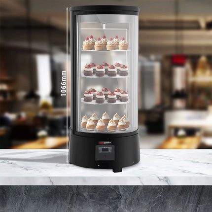 GGM Gastro Countertop 4-Sided Glass Display Fridge - Double glazing - round - 73L - 503mm - with 4 rotating shelves - 1 glass door - for patisserie - Black