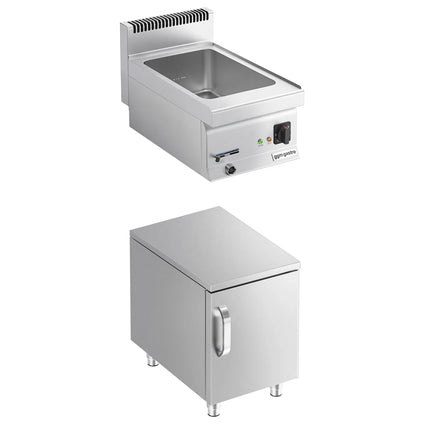 GGM Gastro Countertop Bain Marie - GN 1/1 or 2x GN 1/2 - 1,2 kW - incl. Substructure with 1 door - with Drain Tap
