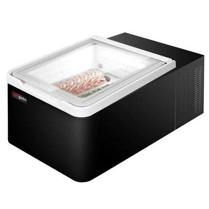 GGM Gastro Countertop Ice Cream Display Freezer - 460mm - Static cooling - for 2 x 5 litres Napoli pans - Black - hinged glass lid