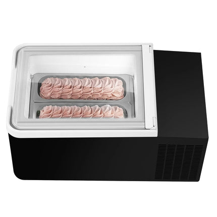 GGM Gastro Countertop Ice Cream Display Freezer - 460mm - Static cooling - for 2 x 5 litres Napoli pans - Black - hinged glass lid