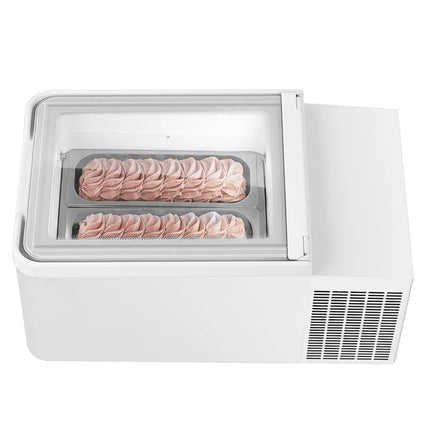 GGM Gastro Countertop Ice Cream Display Freezer - 460mm - Static cooling - for 2 x 5 litres Napoli pans - hinged glass lid - White