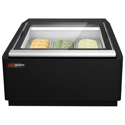 GGM Gastro Countertop Ice Cream Display Freezer - 670mm - Static cooling - for 3 x 5 litres Napoli pans - Black - hinged glass lid