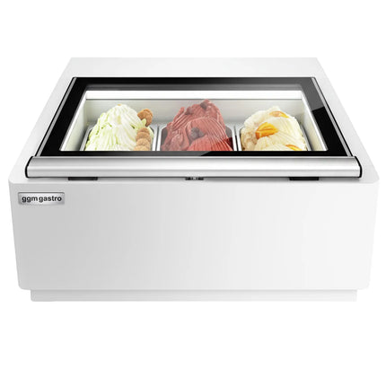 GGM Gastro Countertop Ice Cream Display Freezer - 670mm - Static cooling - for 3 x 5 litres Napoli pans - White - hinged glass lid