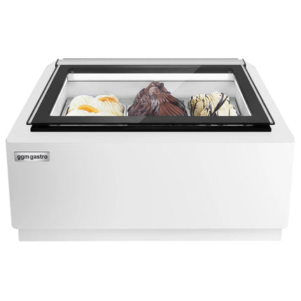 GGM Gastro Countertop Ice Cream Display Freezer - 670mm - Static cooling - for 3 x 5 litres Napoli pans - White - hinged glass lid