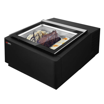 GGM Gastro Countertop Ice Cream Display Freezer - 670mm - Static cooling - for 3 x 5 litres Napoli pans - Black - hinged glass lid