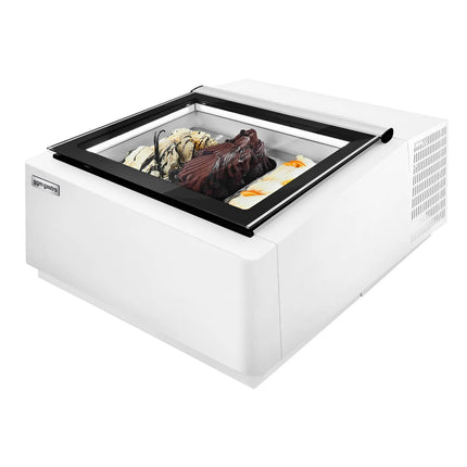 GGM Gastro Countertop Ice Cream Display Freezer - 670mm - Static cooling - for 3 x 5 litres Napoli pans - White - hinged glass lid